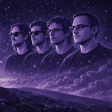 Stylized portrait of the band Eventstellar against a cosmic starfield background