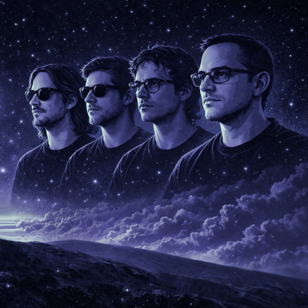 Stylized portrait of the band Eventstellar against a cosmic starfield background.