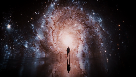 A lone human figure standing before a luminous spiral galaxy in deep space.