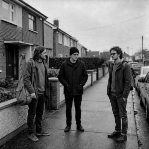 The four future members of Eventstellar meeting for the first time outside a house in Bray, Ireland