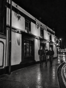 Jesse Rómlárson, Eoin Belfield and Nevan Lochlann walking outside Boland's in Dublin after a recording session during the early years of Eventstellar in 2016