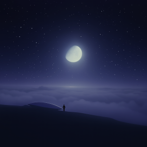 A solitary figure standing on a dark ridge beneath a glowing moon above a sea of clouds at night.