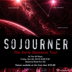 Promotional poster for the Sojourner Early Sessions Tour at W Plaza during 2015 featuring Alpha Centauri and Proxima Centauri imagery before the formation of Eventstellar