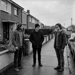 The four future members of Eventstellar meeting for the first time outside a house in Bray, Ireland