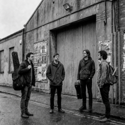 The future members of Eventstellar outside an industrial rehearsal space before their first session in Bray, Ireland