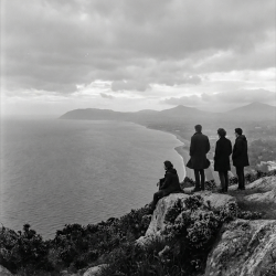 Black and white photograph of Eventstellar overlooking Killiney Bay in Ireland after recording the single "Serenity" in 2017