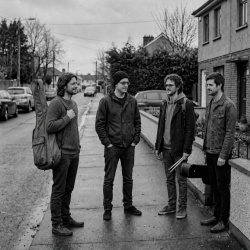 The four members of the emerging Eventstellar lineup meeting outside a house in Bray before a rehearsal